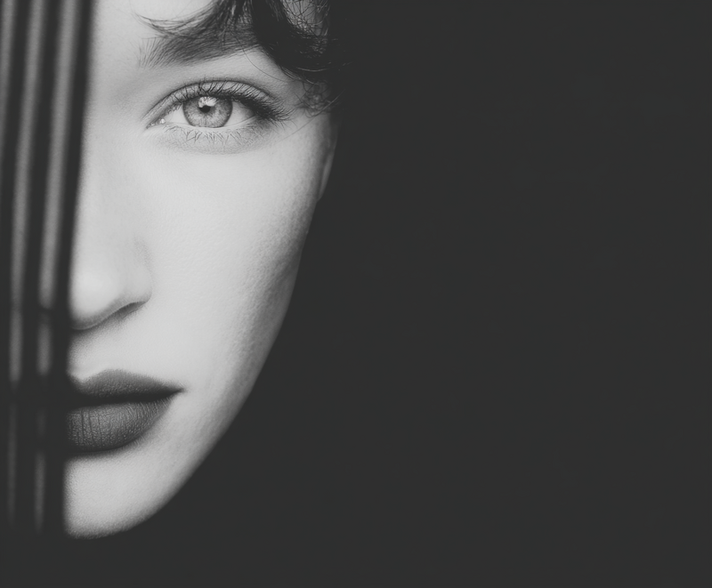 Close-up of a woman’s face in black and white, symbolizing introspection and emotional clarity during the Quantum Code journey by Jasmina Kimova.