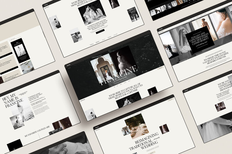 A collection of website mockups displayed on a light background, showcasing various wedding-themed design layouts with photos of couples, text snippets, and elegant minimalistic design elements of a luxury Showit template for wedding photographers for sale by Bayou Brand House.