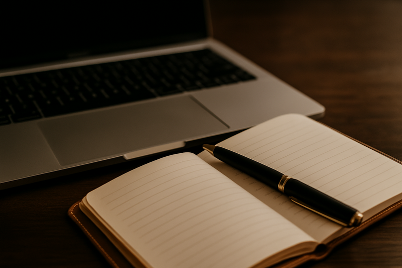 Elegant workspace with MacBook laptop and open notebook on dark wooden desk with warm lighting