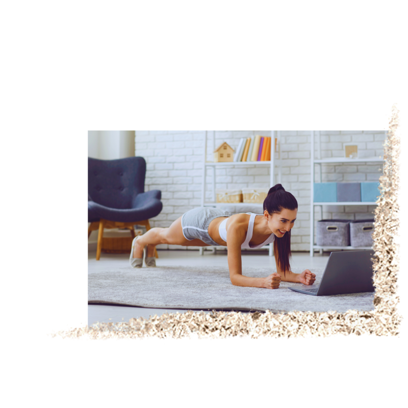 Mom planking at home during online fitness session