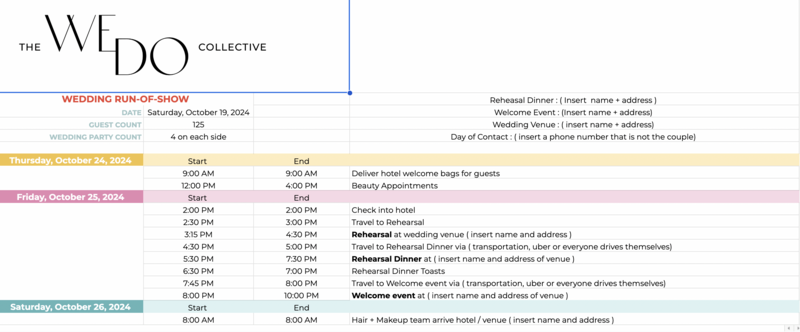 Screenshot of The We Do Collective's Run Of Show Wedding Timeline Spreadsheet Template