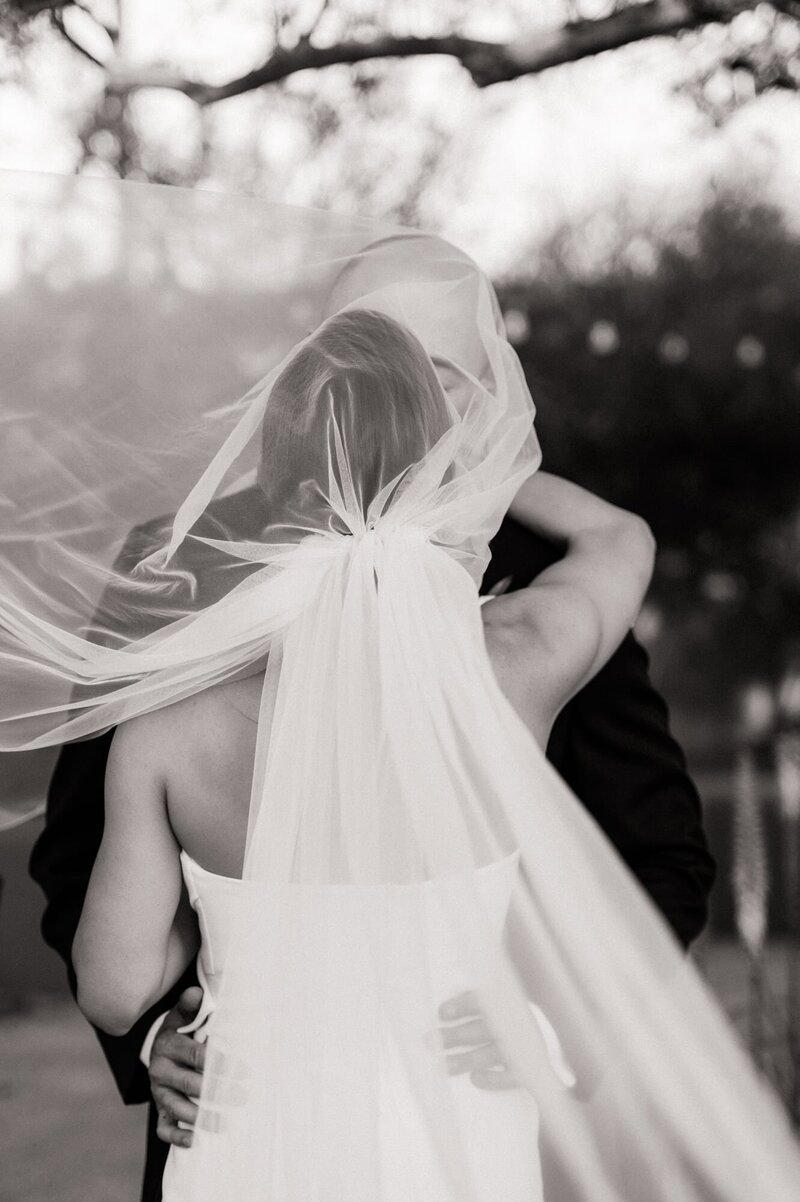 Bride and Groom kissing under the veil from behind