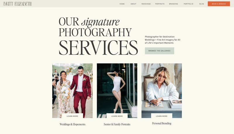 A webpage for Britt Elizabeth Photography highlighting services for weddings, senior and family portraits, and personal branding. The site also offers brand identity design services to enhance your online presence. Images depict a wedding, a senior portrait, and a woman working.