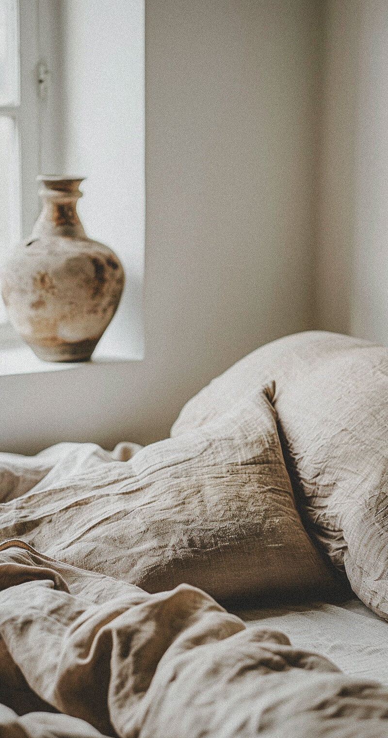 Flax brown linen bedding pillows, sheets and coverlet with large pottery urn on windowsill