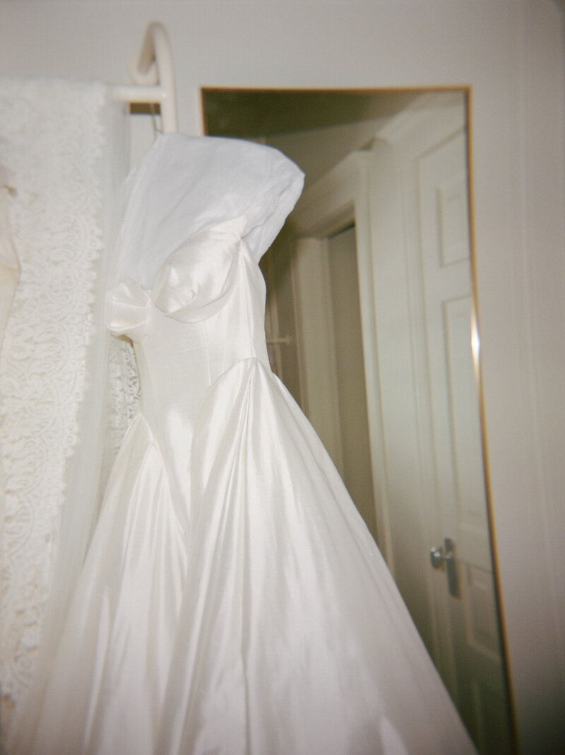raw silk Leah Dagloria wedding dress, editorial film wedding photographer in Michigan