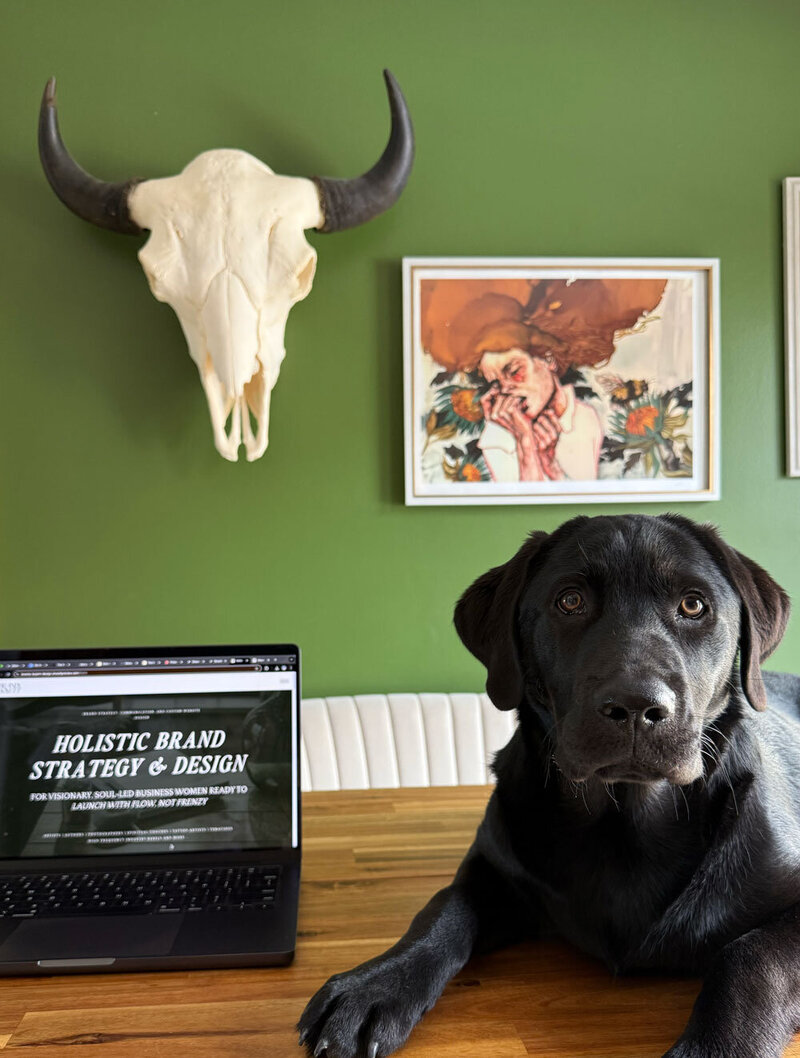 Brandy Boyett Design studio featuring a creative workspace with design tools, mood boards, natural elements for holistic branding projects, and Harvey.
