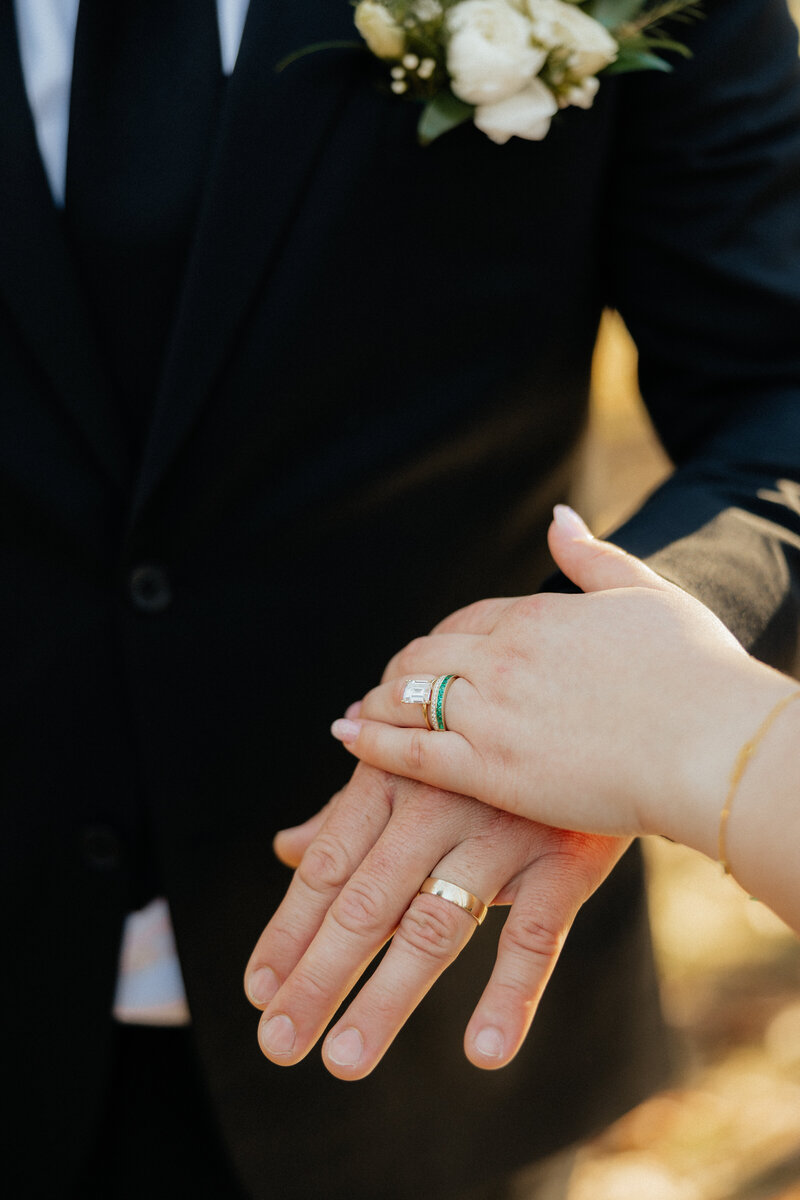 Bride and groom rings on their hands.
