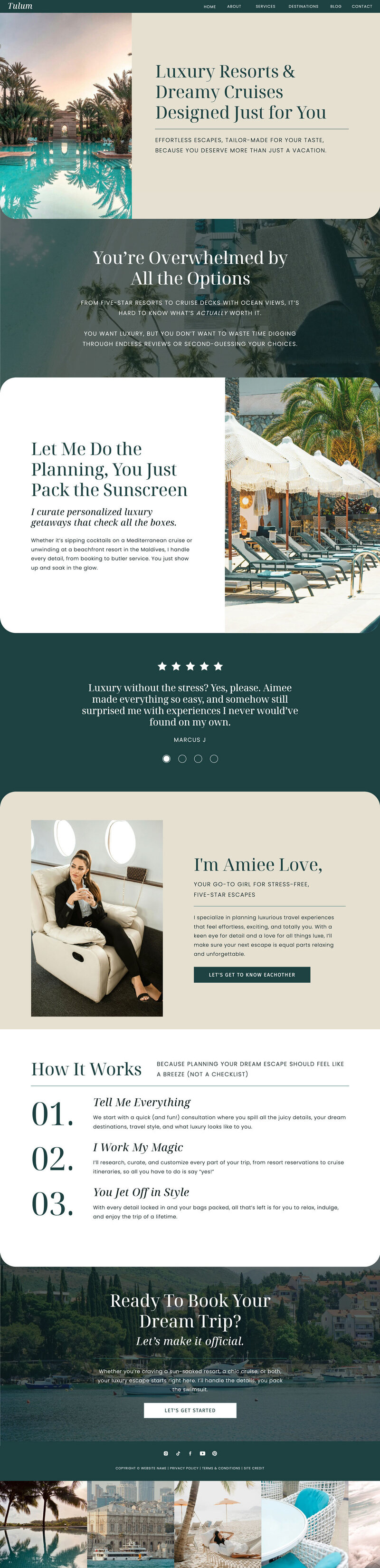 Homepage screenshot of Tulum Showit website template for luxury travel consultants