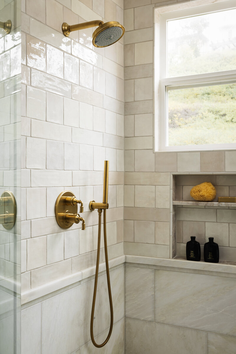 Master bath shower remodel with marble mosaic floor, marble and ceramic wall tile and brass plumbing fixtures