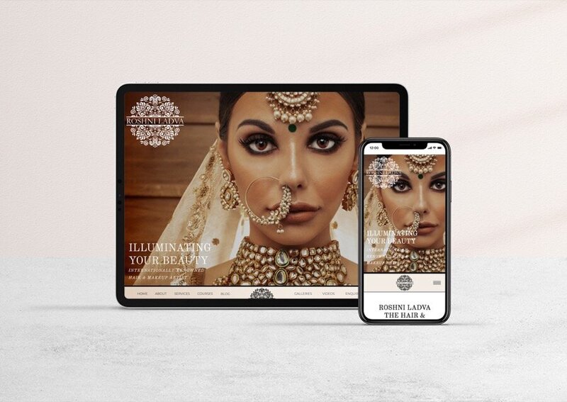 The Roshni Ladva website screenshot displayed on an iPhone and iPad