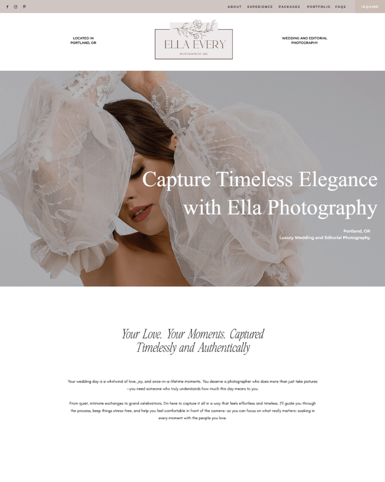 Elegant wedding photographer Showit template with soft, feminine layout and refined design for photographers
