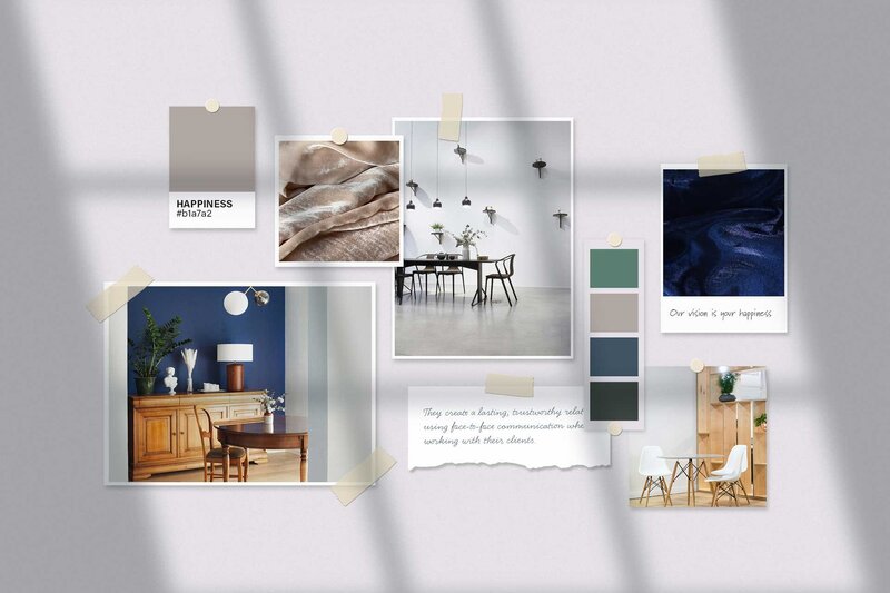 An interior design moodboard with varying textures and pictures.