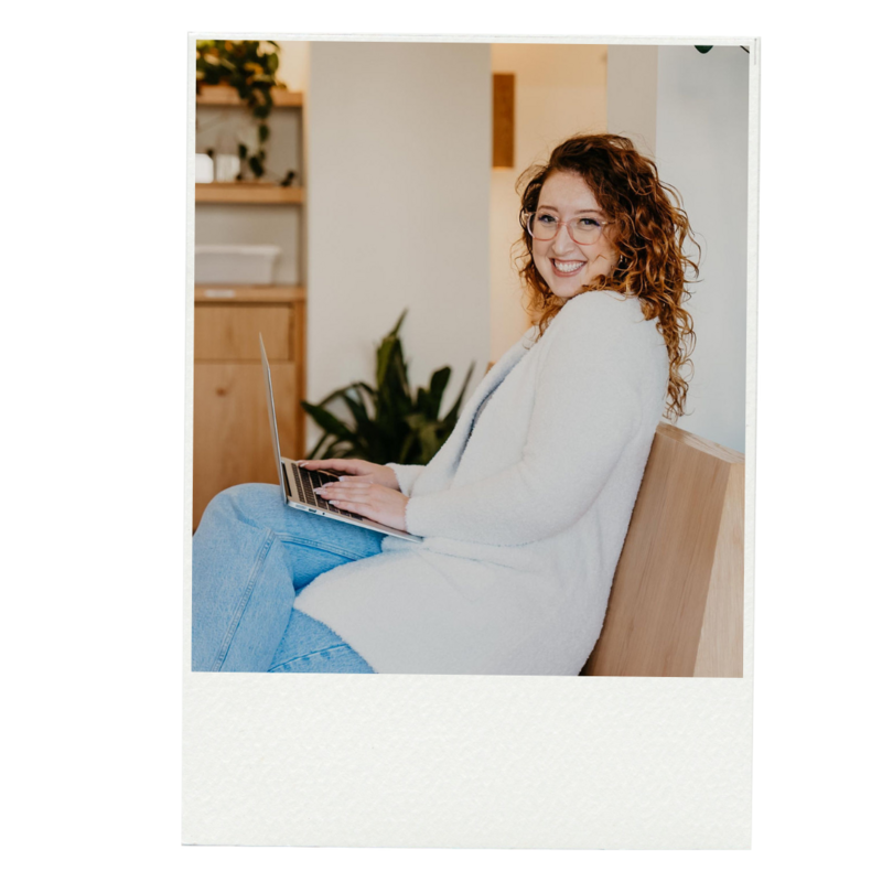 A series of professional headshots of Erin, Ruby Works' founder, encouraging readers to inquire about a new project