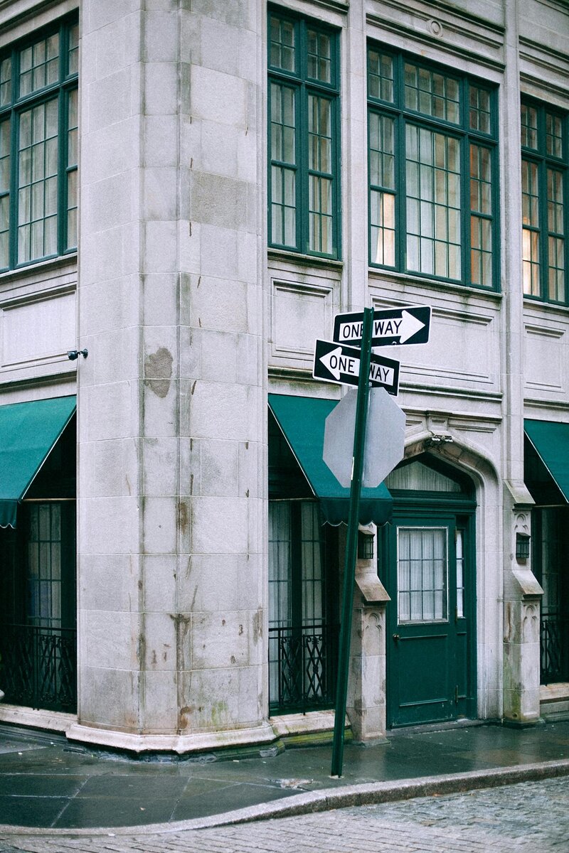Green door and building