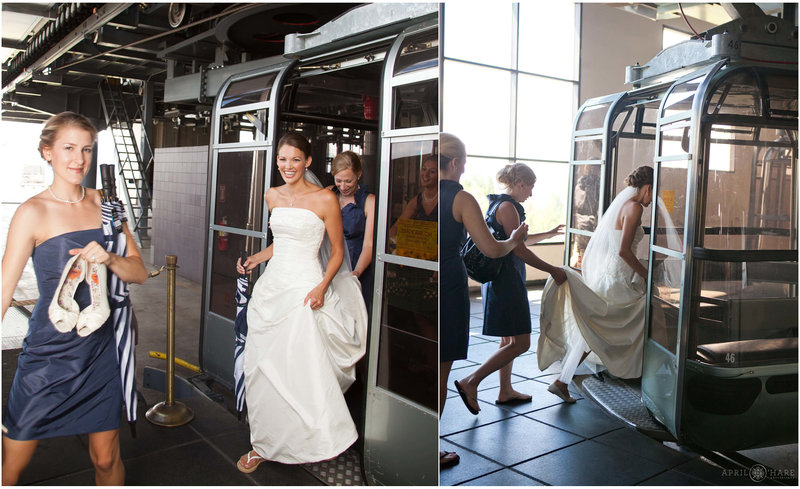 Bride and her friends step off of the Eagle Bahn Gondola at Vail Resort Wedding in Colorado