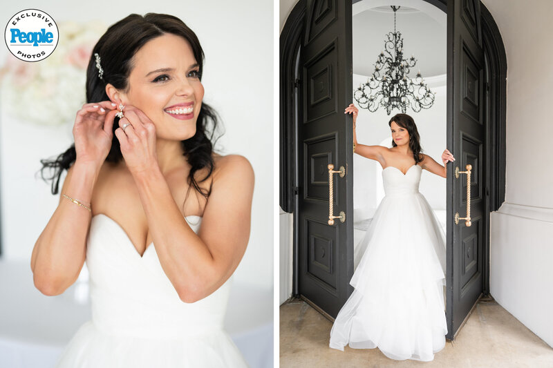 A radiant bride, Kimberly J. Brown, prepares for her wedding at Spanish Hills, adjusting her earrings with a joyful smile in one frame and confidently posing in a stunning white gown at grand black doors in another. Captured by a wedding photographer in Los Angeles, these timeless moments showcase elegance and beauty.