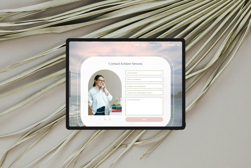An iPad laying across plant leaves showcasing a counseling website's Contact page.