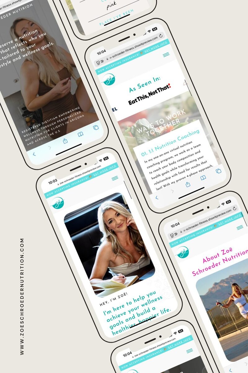 A collection of four mobile phones showcasing various unique dietitian website designs, representing modern technology and style.