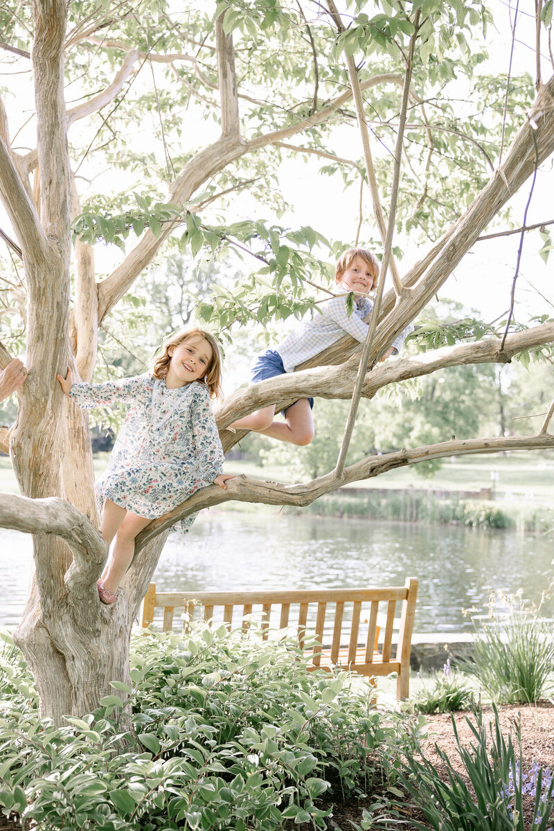 Two smiling children climbing a tree near a peaceful pond in a park, with sunlight filtering through the leaves and a wooden bench in the background.