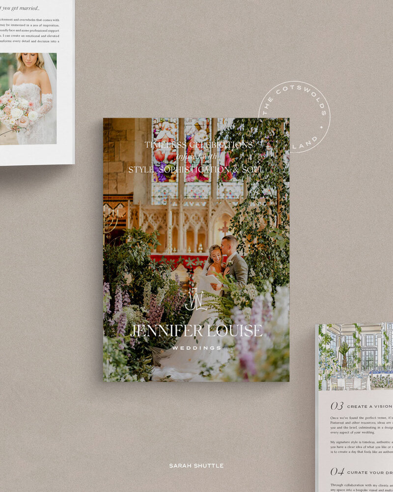 Wedding planning brochure mockup — part of the new Jennifer Louise Weddings brand identity