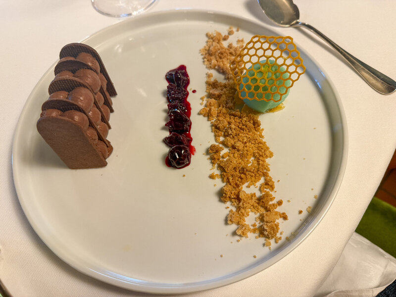 A chocolate and cherry dessert masterpiece at Ristorante i Castagni