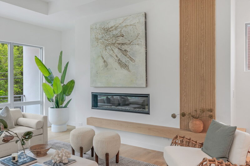 wood accents on living room fireplace