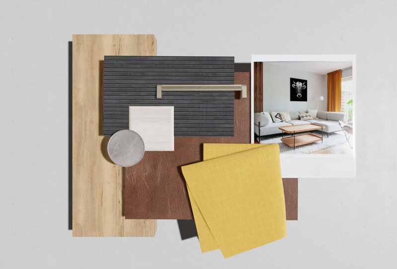 Materialboard mit diversen Materialen wie Holz und Stoff für ein Interior Projekt