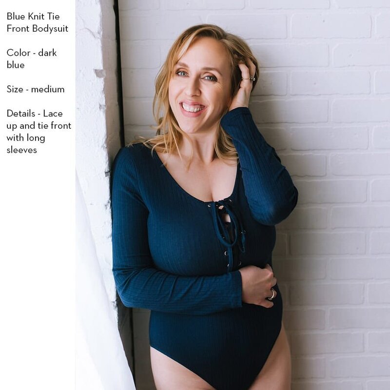 client closet - blue knit tie front bodysuit