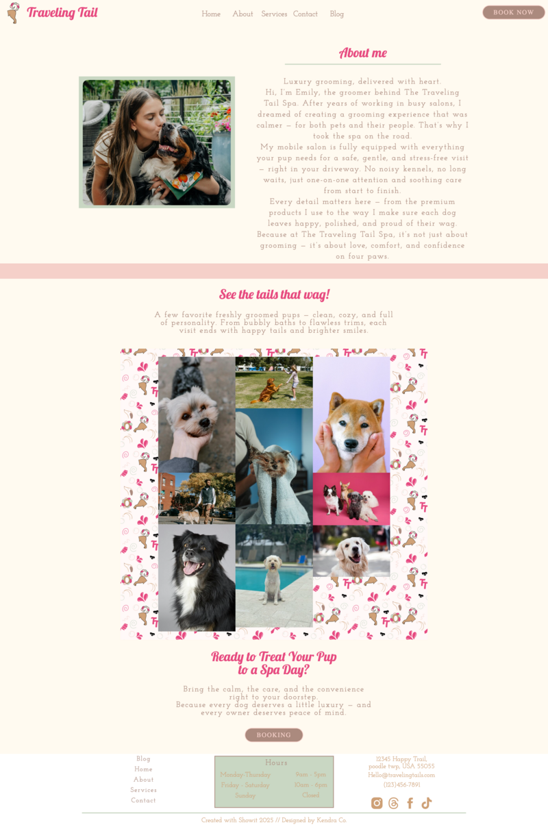 About page for The Traveling Tail Spa Showit template featuring a groomer with her dog, business story section, and mini photo gallery of happy, freshly groomed pets.