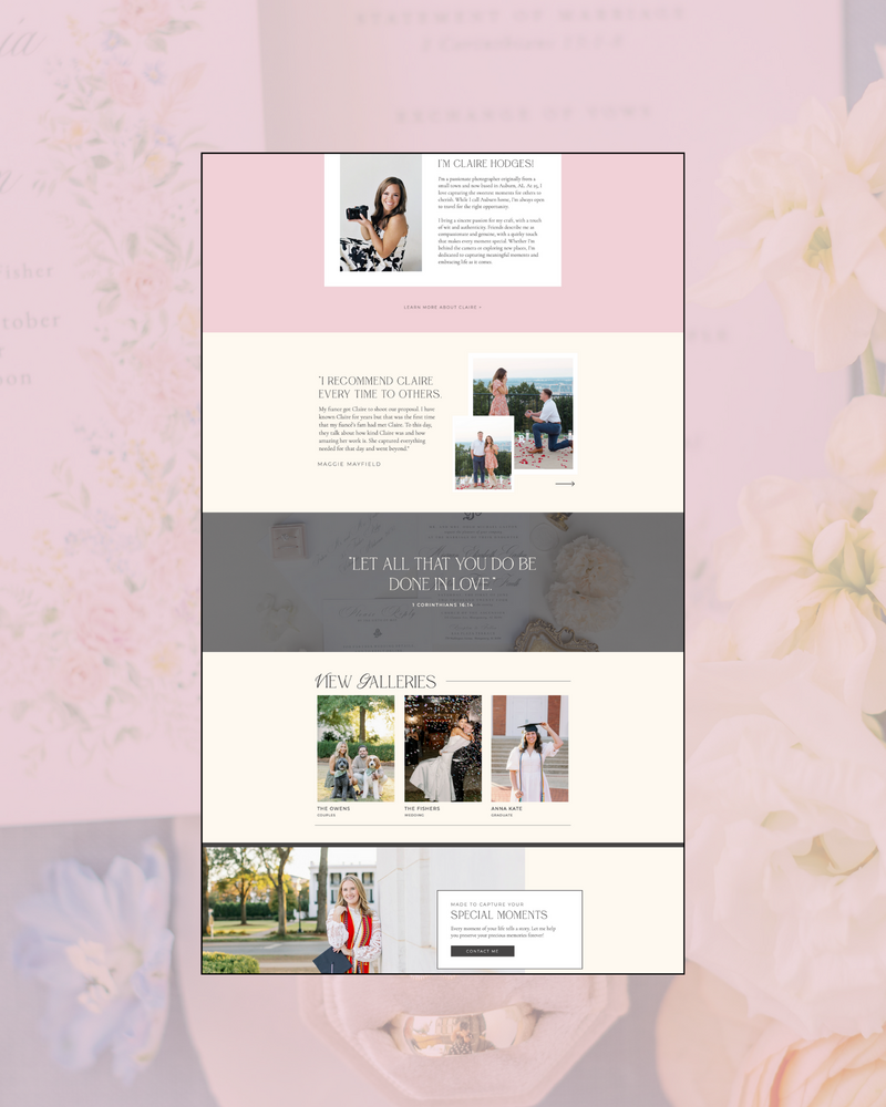 Website Mockup for Claire Hodges Creative on Pink Background