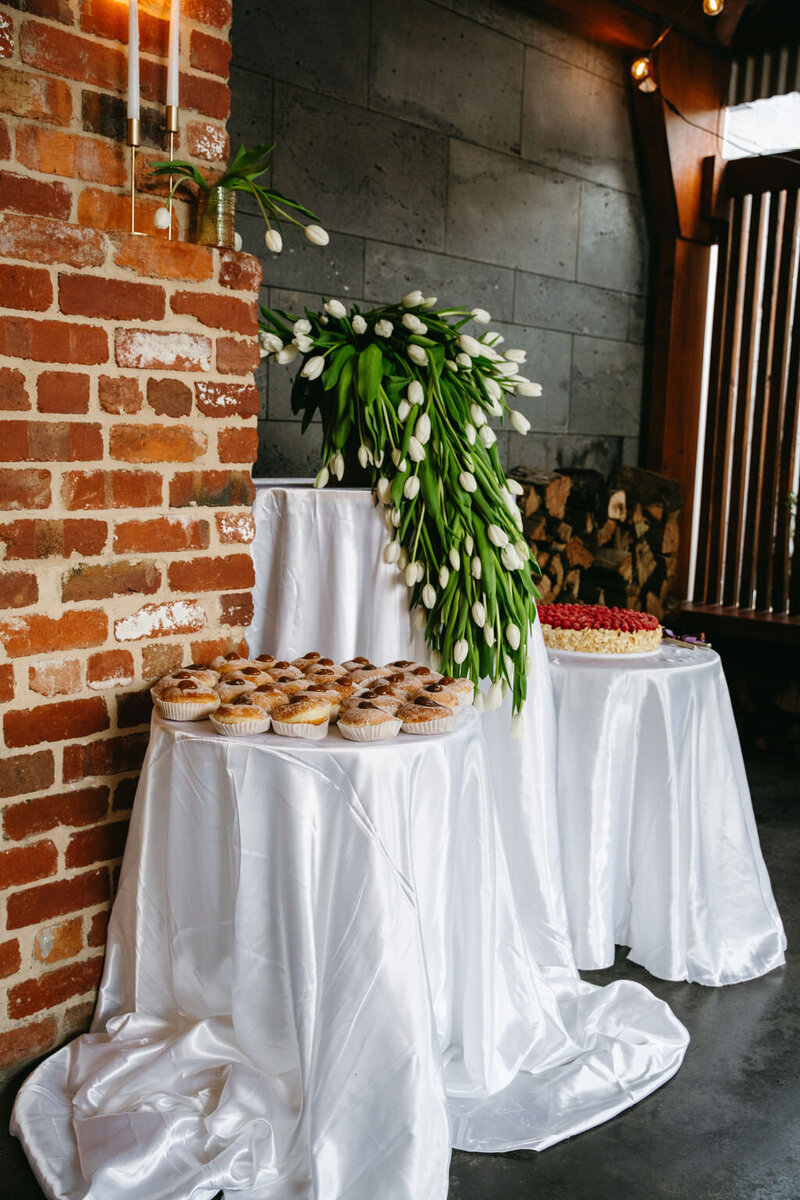 frolic lane wedding, cascading tulips, silk tbale cloths, jane dough donuts