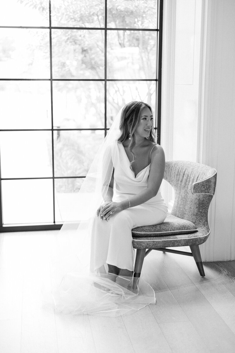 black and white portrait of joyful bride at the estate yountville