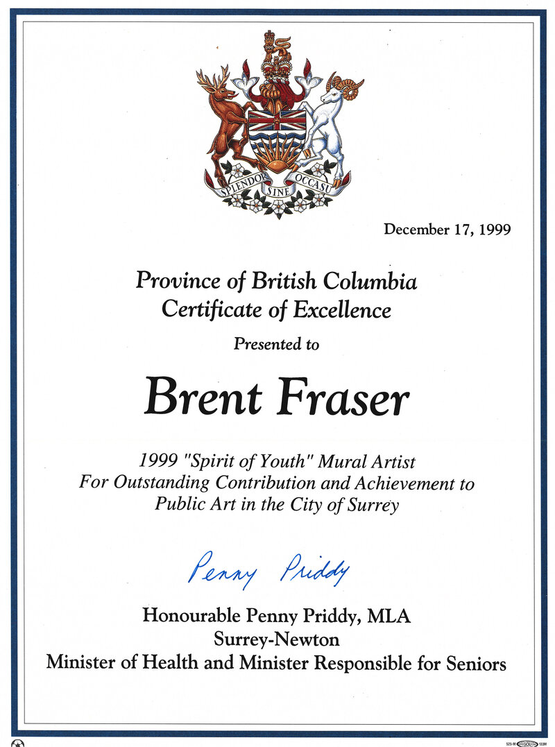 Brent Ray Fraser BC Certificate of Excellence 1999 - Penny Priddy