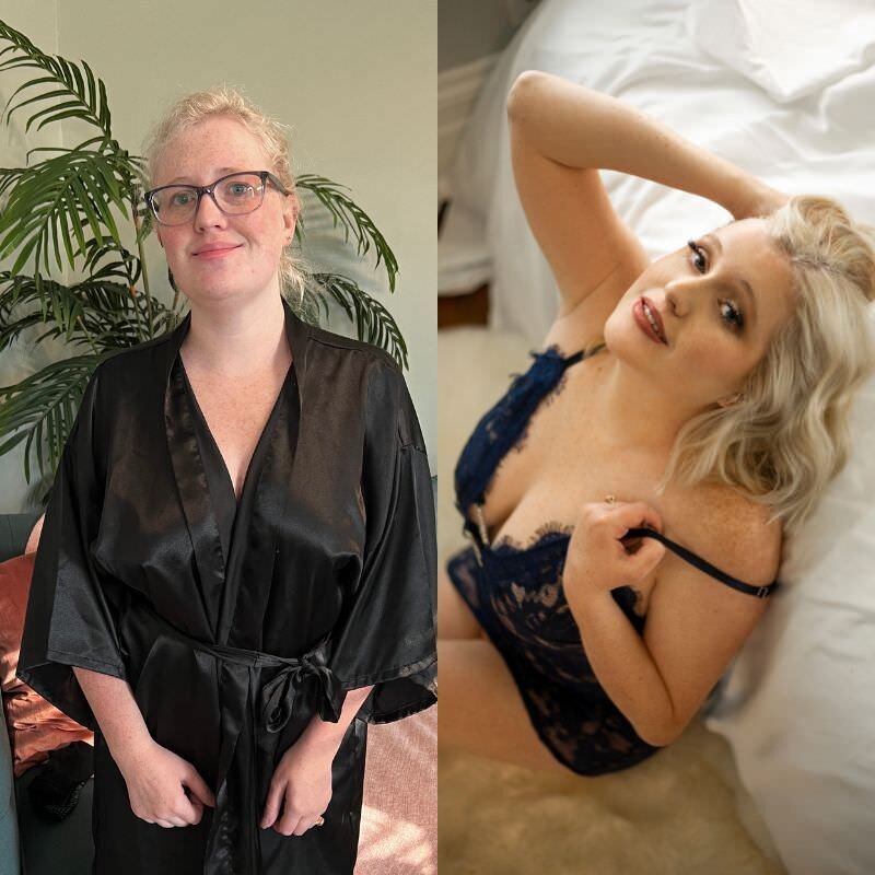 Before and after image of a blonde female in her 30s getting her boudoir images taken