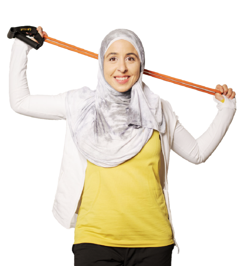 Fitness hijabi coach Hanan posing with fitness gear
