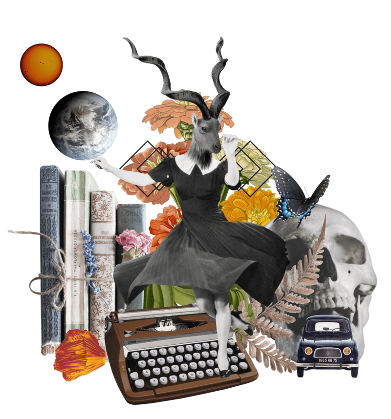 Collage image of a girl with a goat head among florals, vintage cars, books, gems, planets, skulls, butterflies and a touch of sacred geometry. 