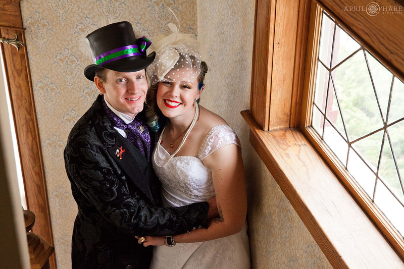 Bride and groom inside McCreery House for their vintage wedding in Loveland Colorado
