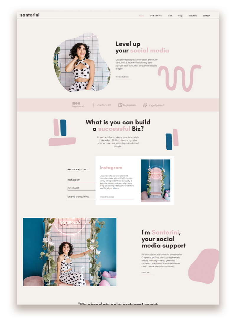 The Santorini is a modern, fun, and feminine Wix website template with a creative flair.