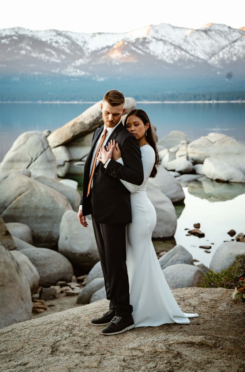 California elopement photography of couple by a lake