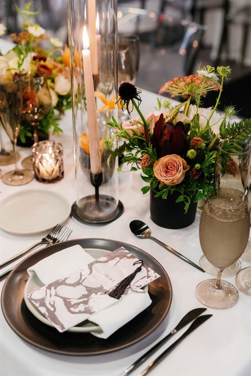 Stunning edgy wedding tabletop decor at the Watergate Hotel