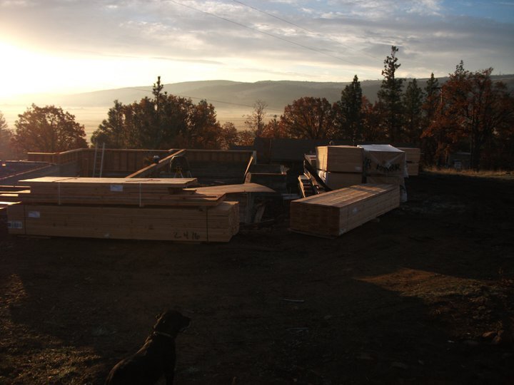 Lumber stacked on a fall morning