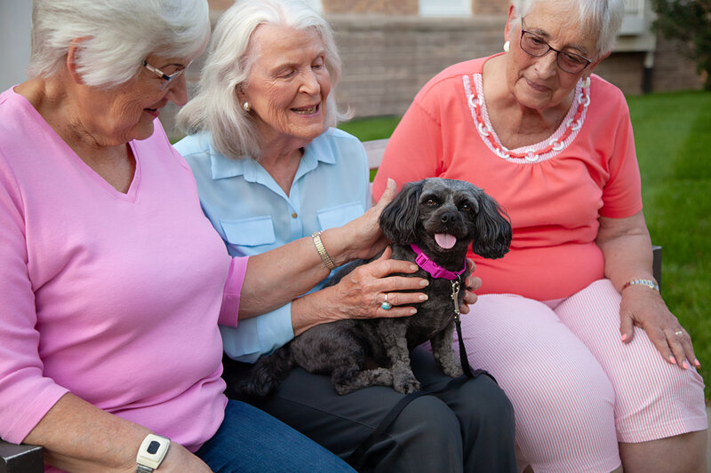 Three older women sitting on bench petting a dog at Cottage Grove Place retirement community.