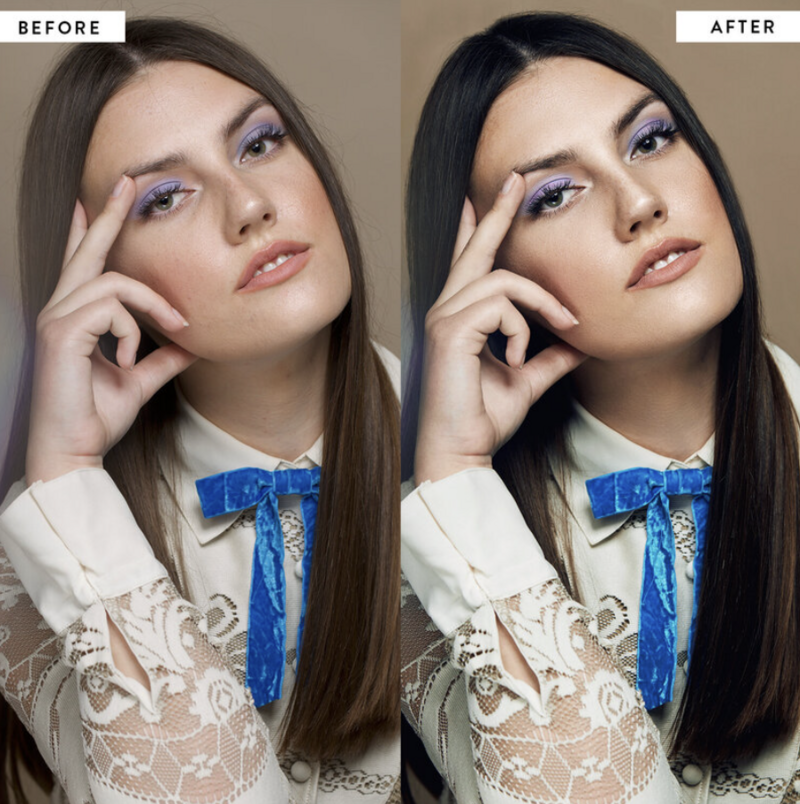 before and after of teen girl photographed in a studio with a beige background
