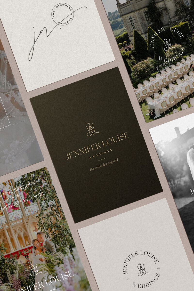 Flatlay collage of brand design elements for Jennifer Louise Weddings