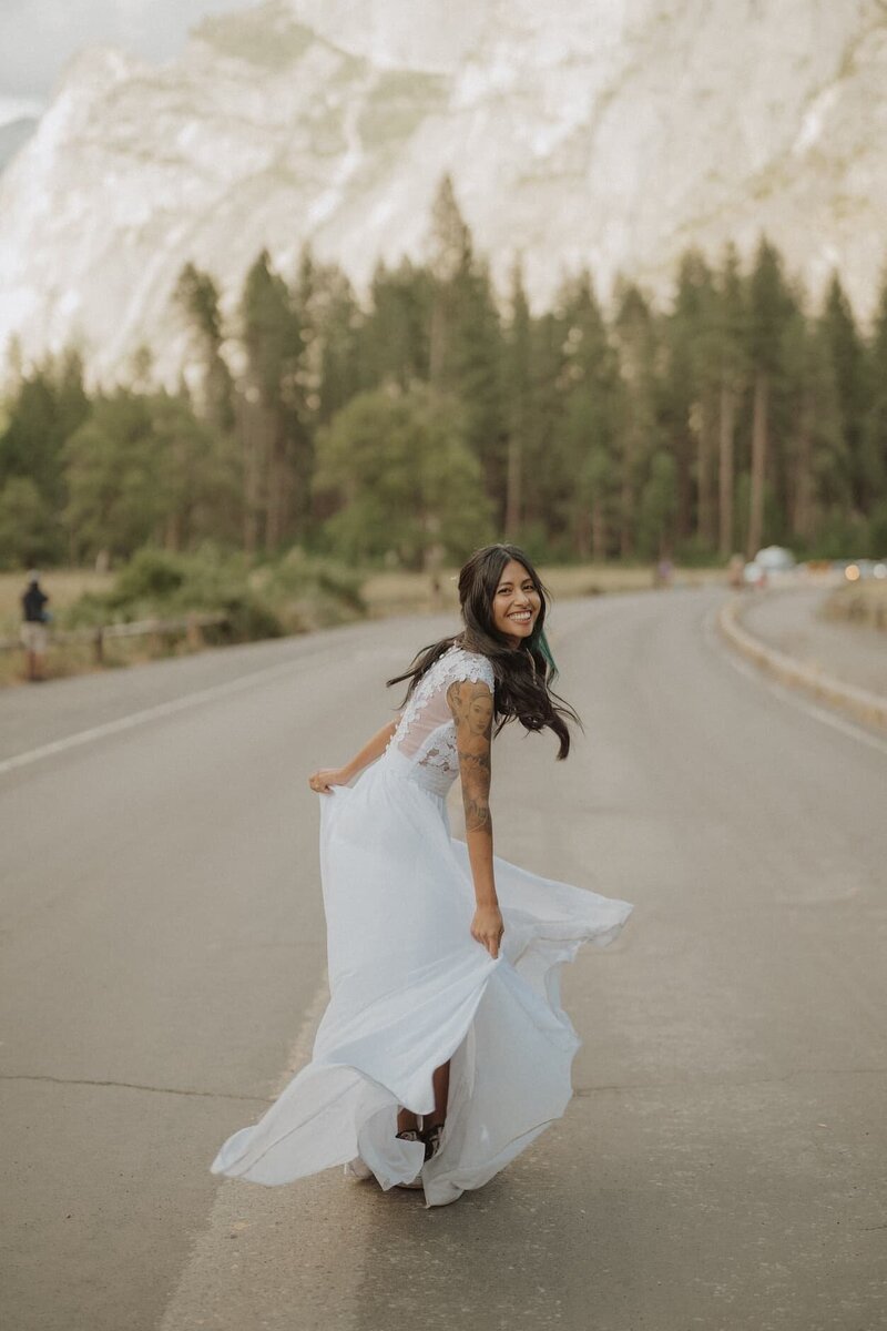 bride running down road
