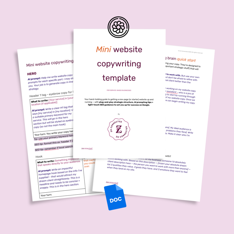 Mini website copywriting template showing Google doc template + Canva template