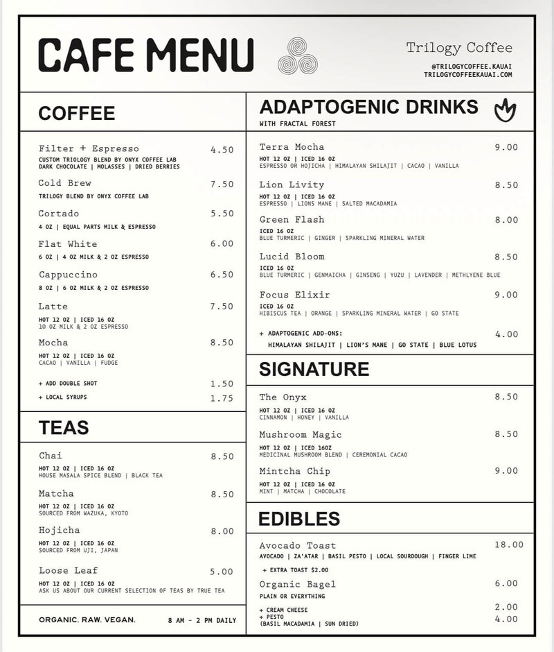trilogy coffee kauai menu