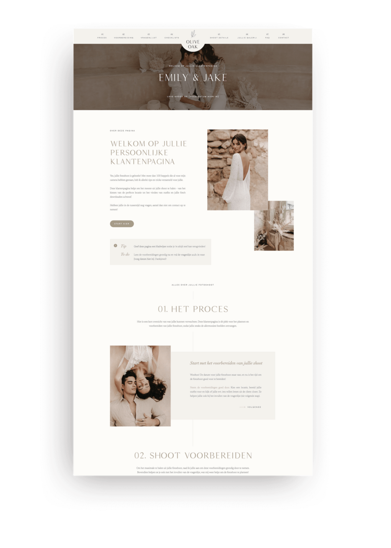Romantische Shoot Klantenpagina voor Showit