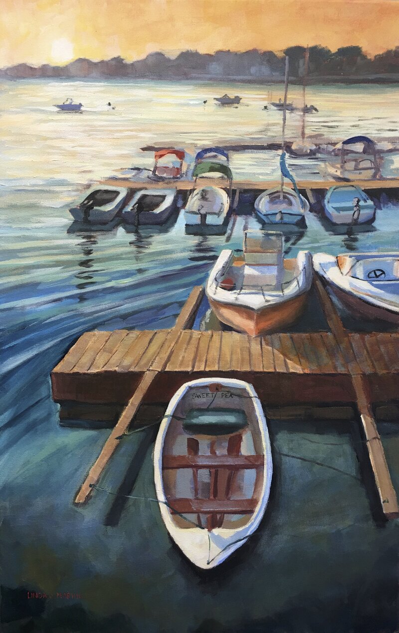 Painting of sunset at Stony Creek  harbor in Branford, CT with twinkling water and boats docked 18 x 28" acrylic painting by Linda Marino
