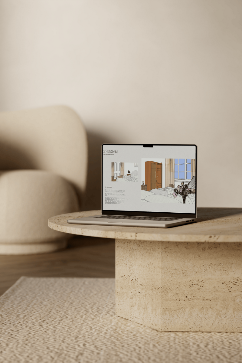 Laptop placed on a travertine coffee table on a cream rug, with a cream bouclé occasional chair in the background, displaying 2D perspective images of a children's bedroom design.